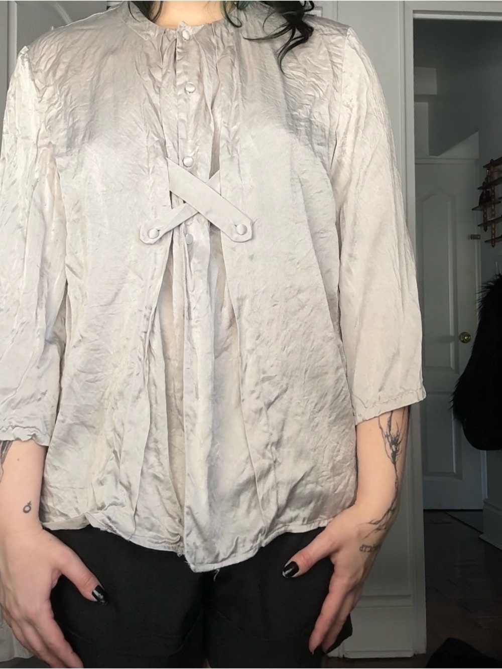 Light Gray Satin Tie-Front Women's Blouse